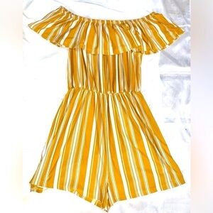 La Gypsy Mustard Yellow and white shorts romper off the shoulder Small